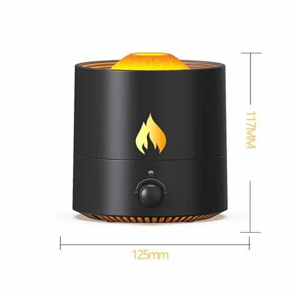 Compact essential oil diffuser with adjustable settings, perfect for home and office use. Creates a relaxing atmosphere with aromatic mist, featuring a sleek black design and flame indicator.