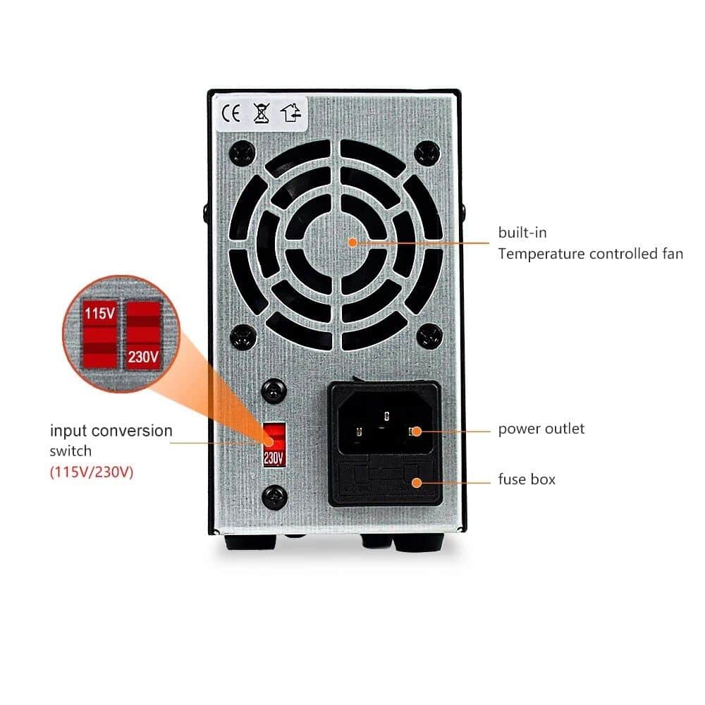 High-quality opt power supply for medical and industrial use, featuring built-in temperature-controlled fan, input conversion switch (115V/230V), power outlet, and fuse box for reliable performance.