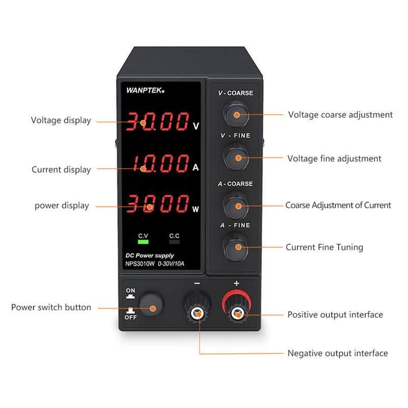 High precision voltage regulator for optometry and eyewear lens manufacturing. Features digital voltage, current, and power displays with fine and coarse adjustments for accurate lens calibration.