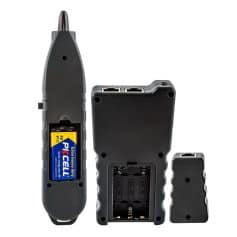 Compact handheld LED tester for optometry and vision care instruments, featuring battery compartment access and multiple ports for precise testing and maintenance.
