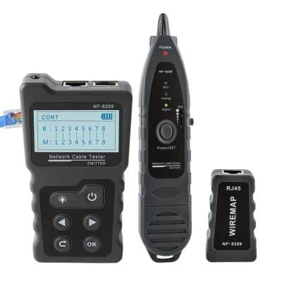 Network cable tester for fiber optic and Ethernet connections at Monalisa Medical. Reliable tools for diagnosing and installing network systems, essential for professional IT and medical facility networks.