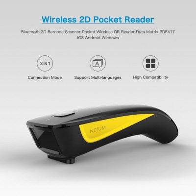 Wireless 2D barcode reader with Bluetooth, support for multi-languages, compatible with iOS, Android, Windows. Compact design for efficient optical data collection and scanning.