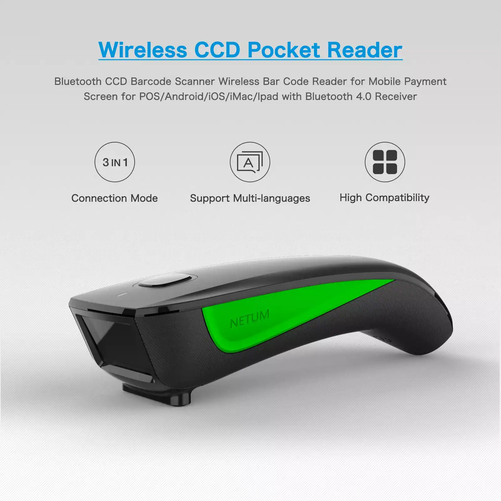 Wireless CCD Barcode Scanner for mobile payment, POS systems, and inventory management with Bluetooth 4.0, supporting multi-languages and high compatibility.