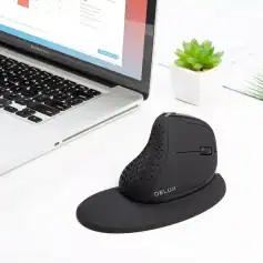 Ergonomic black computer mouse with textured grip, designed for smooth handling, placed next to a laptop and a small potted succulent on a clean workspace.