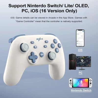 High-quality Nintendo Switch OLED controller with ergonomic grip, compatible with PC and iOS devices for gaming. Includes PC tower and iOS device images, emphasizing versatile gaming support.