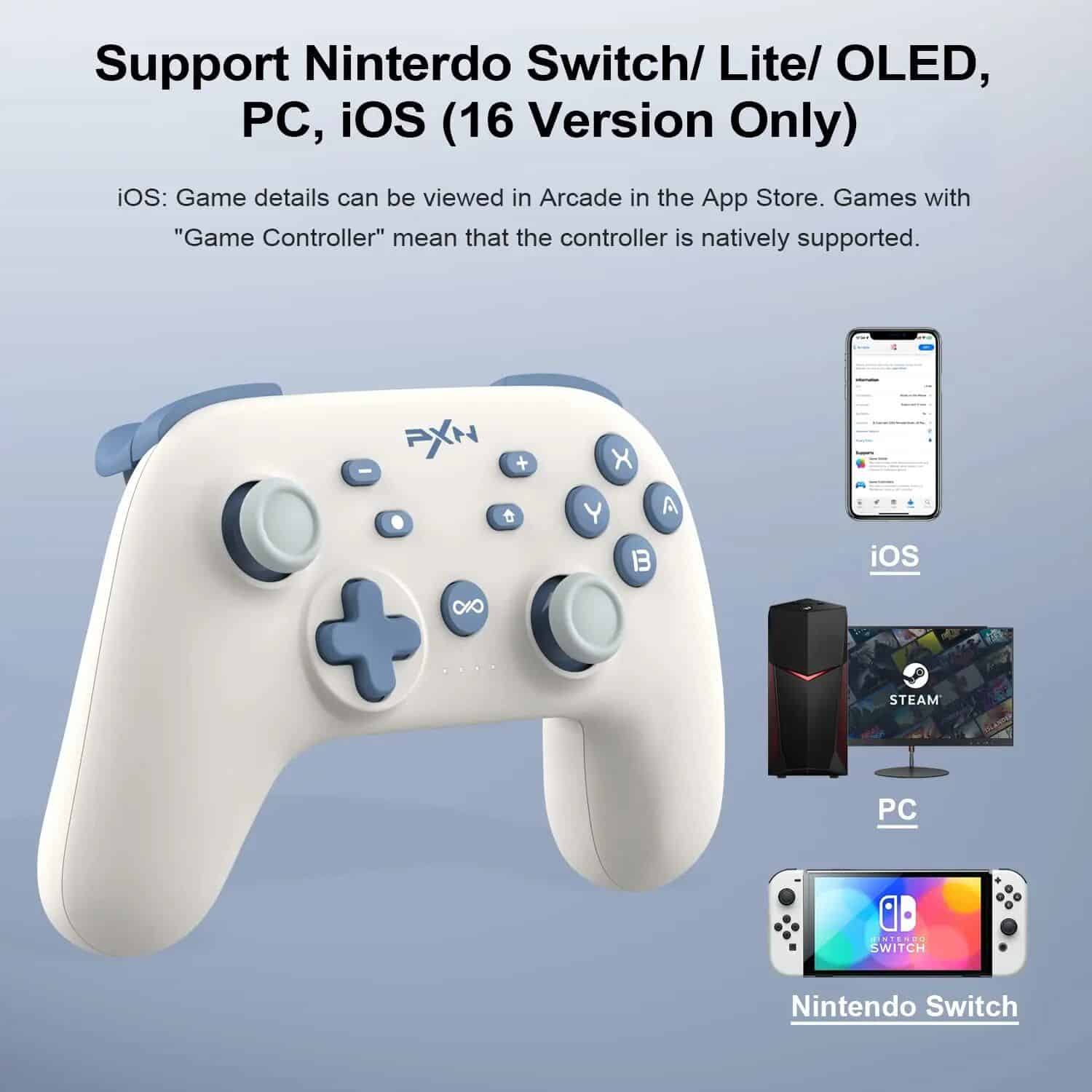 High-quality Nintendo Switch OLED controller with ergonomic grip, compatible with PC and iOS devices for gaming. Includes PC tower and iOS device images, emphasizing versatile gaming support.