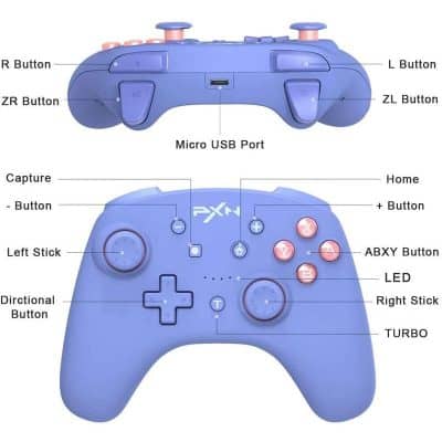 Blue gaming controller with labeled buttons and ports, ideal for gaming accessories and accessories for gaming enthusiasts.