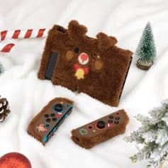 Cozy reindeer-themed protective case for Nintendo Switch controllers and console, perfect for holiday gifting and holiday gaming sessions.