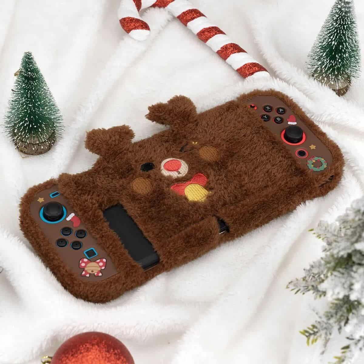Adorable reindeer-themed fuzzy phone case featuring festive holiday decorations, ideal for Christmas accessories and gift ideas.