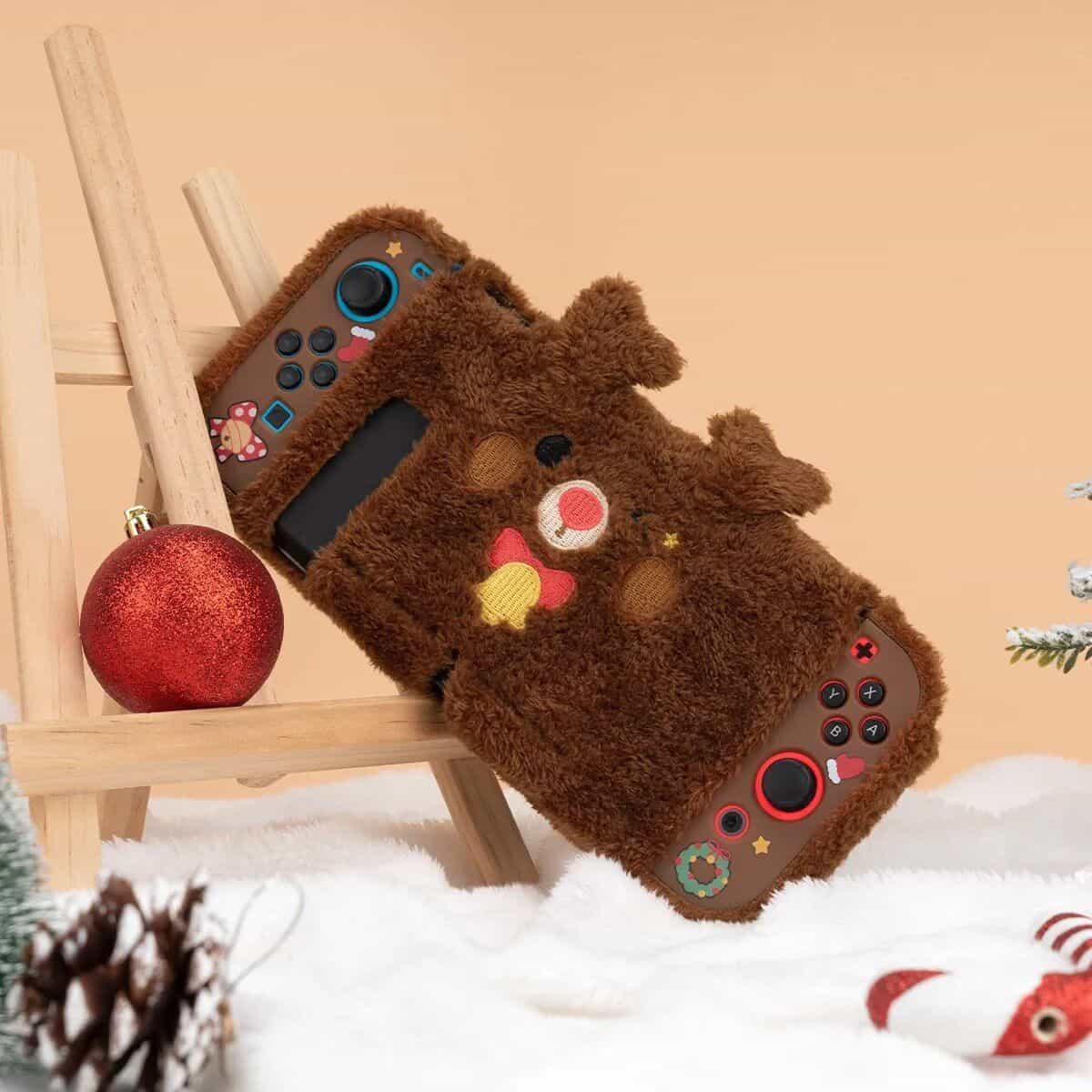 A festive reindeer-themed phone case featuring a plush, furry cover decorated with embroidery of a cute reindeer face, perfect for Christmas and winter holidays, designed for protection and holiday cheer.