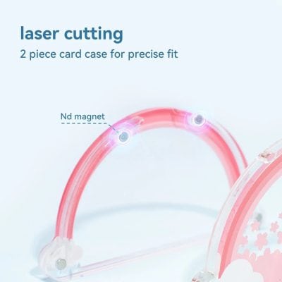 A pink, acrylic storage case designed for ophthalmic lenses and glasses, featuring laser-cut precision and transparent sections with floral patterns for stylish eye care organization.