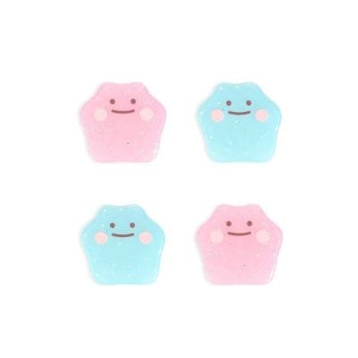 Adorable pink and blue gummy candies with cute smiling faces, perfect for eye-catching product display and branding in the optometry and eyewear store.