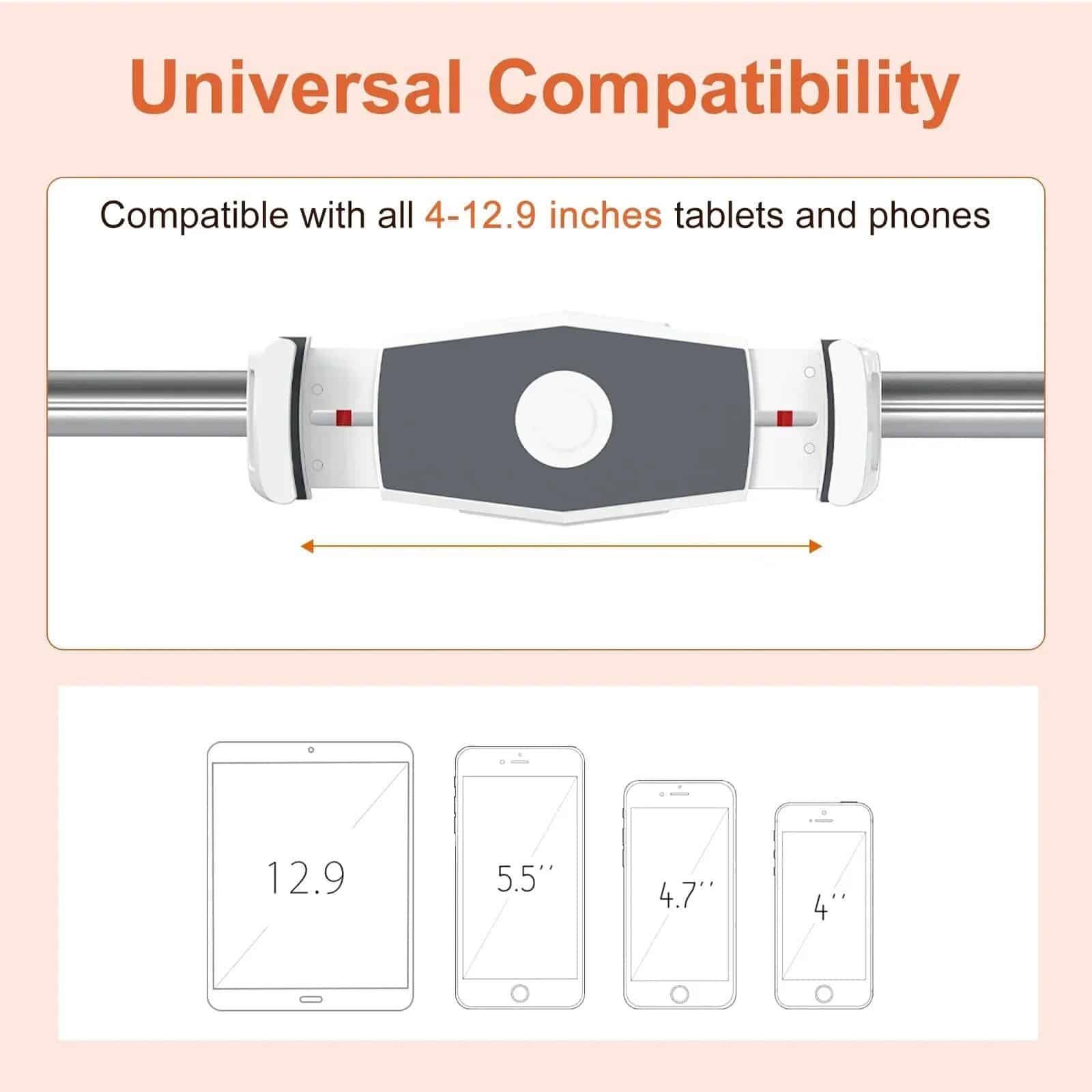 Image shows compatibility with all 4-12.9 inch tablets and phones, featuring adjustable sizing for various device types and sizes, ideal for seamless integration with Monalisa Store's medical and optical products.