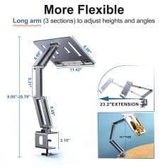 Optical monitor arm with height adjustment, extension, and tilt features for improved workspace organization.