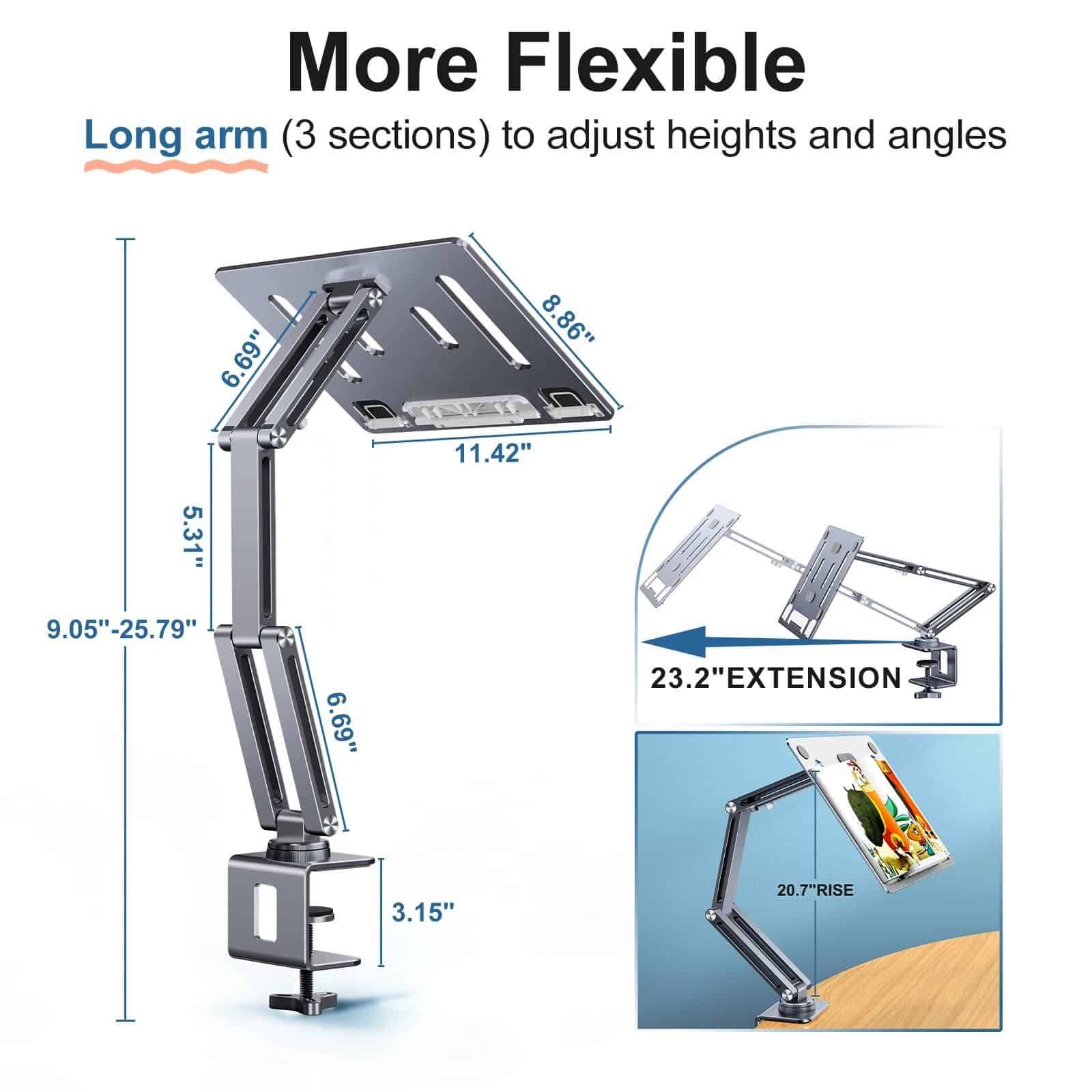 Optical monitor arm with height adjustment, extension, and tilt features for improved workspace organization.