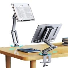 Flexible tablet and book holder with 360-degree rotation for hands-free reading and viewing. Ideal for office, study, and medical environments.