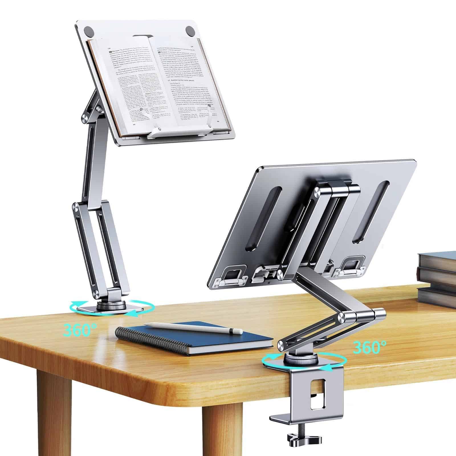Flexible tablet and book holder with 360-degree rotation for hands-free reading and viewing. Ideal for office, study, and medical environments.