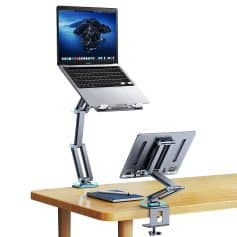 High-quality adjustable laptop stand with flexible arms for comfortable typing and working posture, perfect for office and home use.