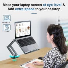 Ergonomic laptop stand for improved eye level viewing, adjustable height and 360-degree rotation, supports up to 17.3-inch laptops and 22 lbs for a healthier working position.