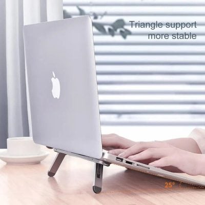 Portable laptop stand with triangle support for stability, designed for ergonomic comfort, compatible with MacBook and various laptops, ideal for home or office use.