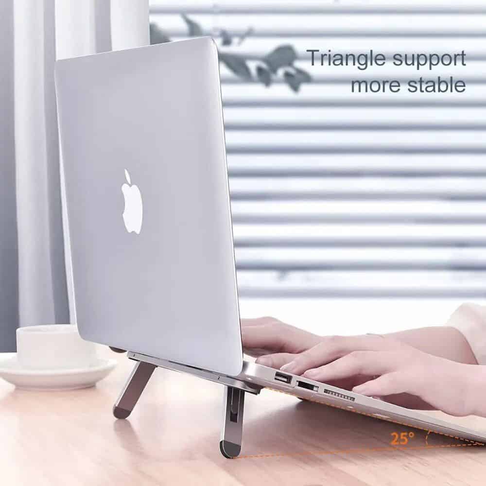 Portable laptop stand with triangle support for stability, designed for ergonomic comfort, compatible with MacBook and various laptops, ideal for home or office use.