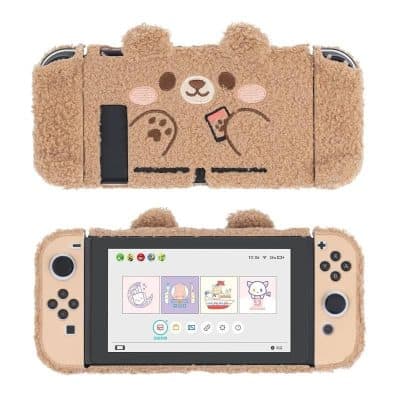 Adorable teddy bear-themed Nintendo Switch cover with plush texture and friendly face design, perfect for protecting your gaming console in style and adding a fun, cute touch to your gaming setup.