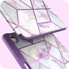 Stylish purple marble and geometric pattern phone case for iPhone, providing protection and trendy design. Perfect for fashion-forward users seeking elegant phone accessories.