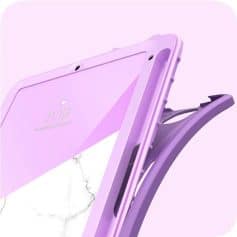 A sleek purple smartphone with a marble detail, displayed on a modern purple stand, highlighting stylish and trendy mobile accessories.