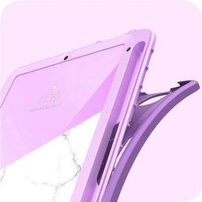 A sleek purple smartphone with a marble detail, displayed on a modern purple stand, highlighting stylish and trendy mobile accessories.