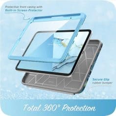 High-quality iPad screen protector with built-in shield, secure clip rubber bumper, and 360° protection for tablets. Perfect for safeguarding your device against scratches and drops.