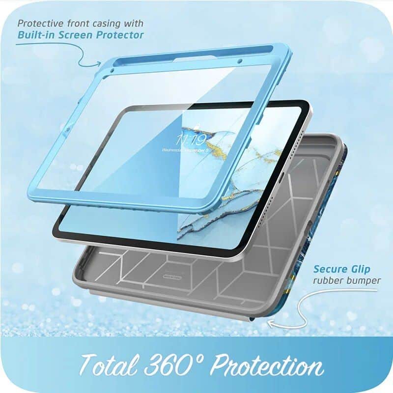 High-quality iPad screen protector with built-in shield, secure clip rubber bumper, and 360° protection for tablets. Perfect for safeguarding your device against scratches and drops.