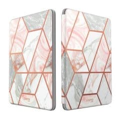 Stylish marble and rose gold geometric phone case for iPhone, offering protection and a luxurious look. Perfect for fashion-forward individuals seeking unique phone accessories.