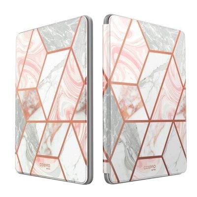 Stylish marble and rose gold geometric phone case for iPhone, offering protection and a luxurious look. Perfect for fashion-forward individuals seeking unique phone accessories.