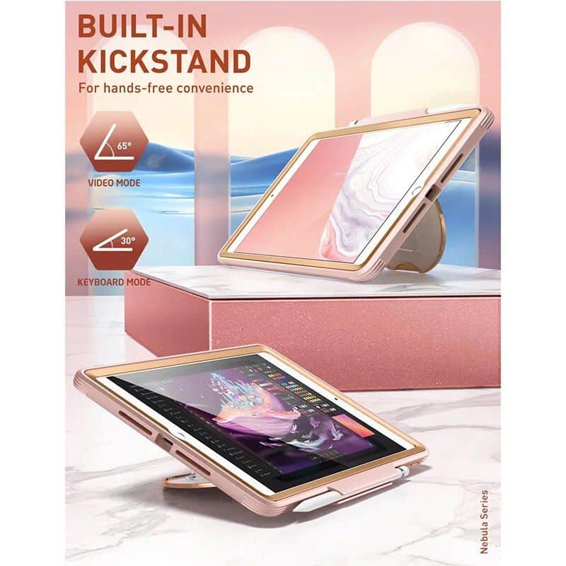 Adjustable hands-free tablet stand for easy use, featuring 65° video mode and 30° keyboard mode. Perfect for enhancing productivity and comfort during use.