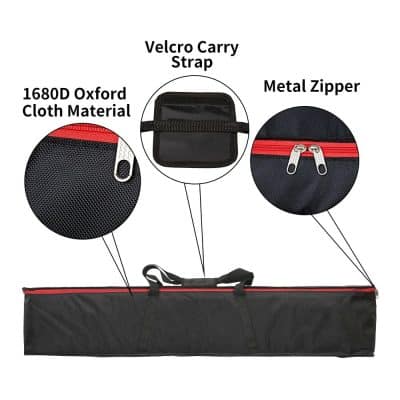 Optic scope carrying case with Oxford cloth, metal zipper, velcro strap, and sturdy handle for secure storage and transport of optical equipment.