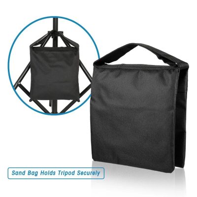 Durable black sand bag secures tripods, preventing slipping and ensuring stability during professional photography and videography sessions. Compact design with secure handle for easy transportation.