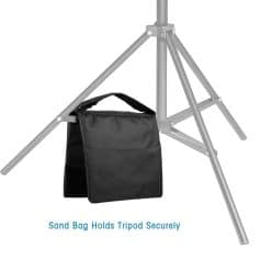 Versatile black sandbag securely anchors tripod stands for photography, video, or lighting equipment, ensuring stability and safety during shoots or events.