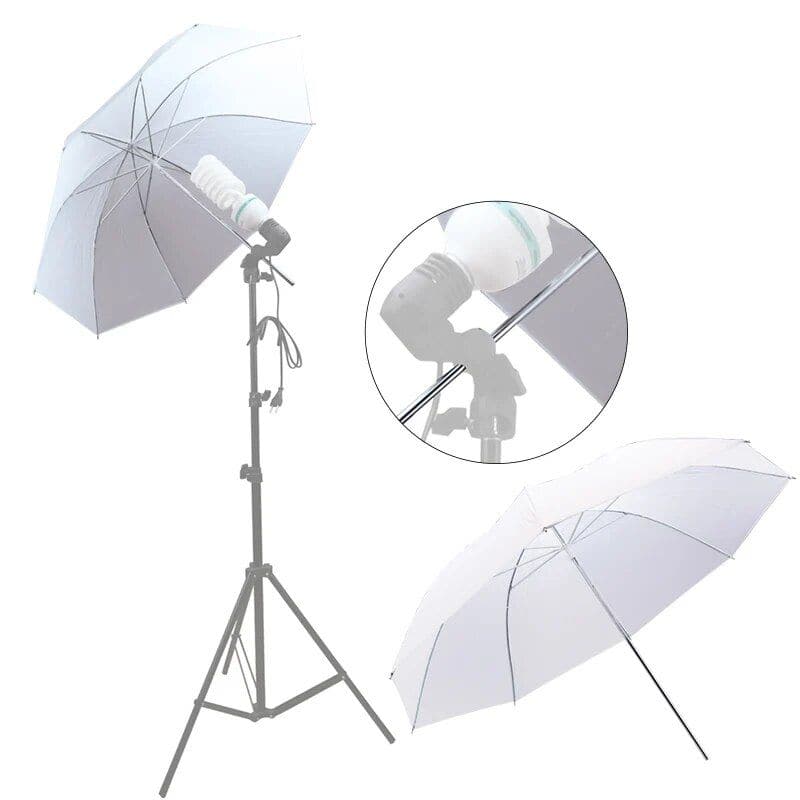 A professional photography umbrella with built-in LED ring light for optimal lighting. Portable tripod stand ensures stability for high-quality images, ideal for product photography and visual displays.
