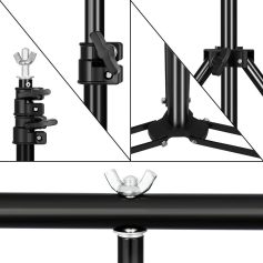 Adjustable tripod stand for photography and lighting setups. Features secure clamps and a sturdy base for reliable support. Perfect for professional photography and studio use.