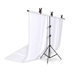 Portable white photo backdrop stand with adjustable height for photography, video shoots, and commercial use.
