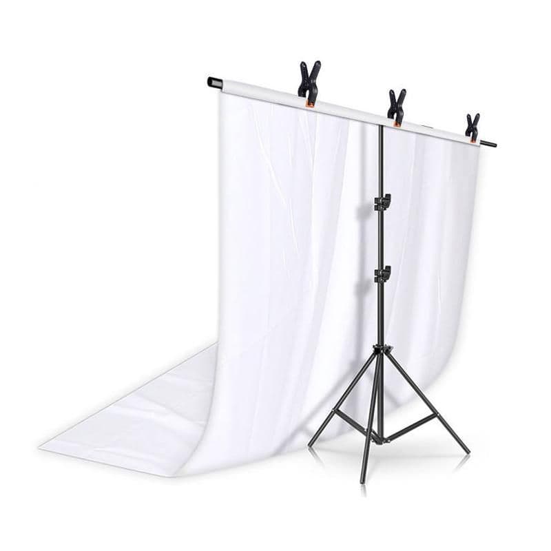 Portable white photo backdrop stand with adjustable height for photography, video shoots, and commercial use.