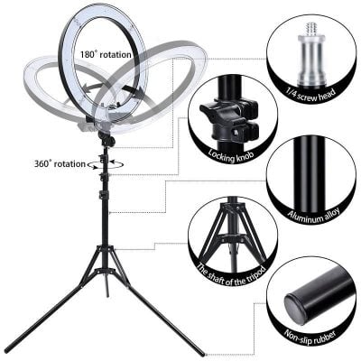 High-quality adjustable LED ring light for photography and video streaming. Features 360° rotation, sturdy tripod, locking knob, aluminum alloy, non-slip rubber base, and easy screw assembly. Perfect for content creators.