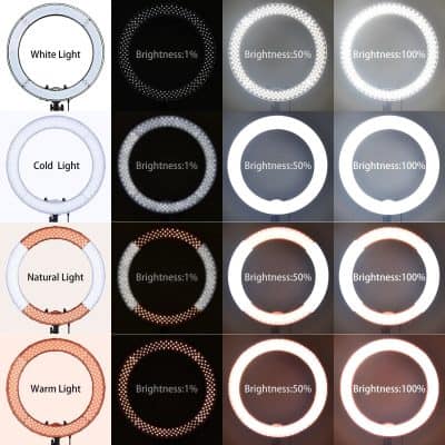 Zoomed in on a professional ring light showcasing different lighting modes and brightness levels for precise makeup application, photography, or videography.