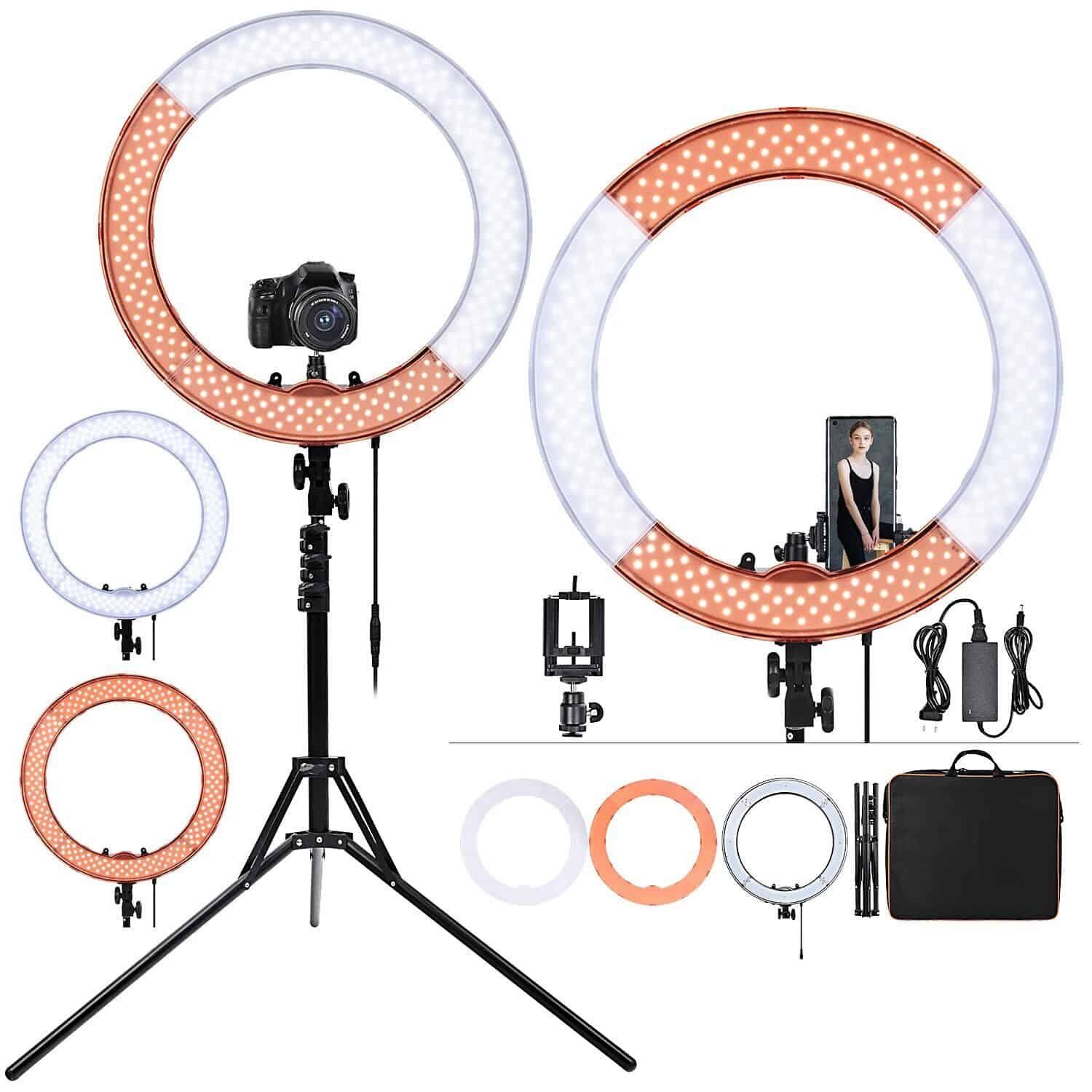 Bright LED ring light for professional photography and video lighting, essential for portrait photography, vlogging, and selfies — perfect for Monalisa Medical store.
