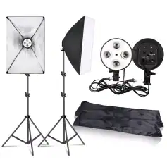 High-quality professional photography lighting equipment for optimal image quality and studio setup. Includes softbox, LED lights, tripods, and power supplies for versatile photography and video shoots.