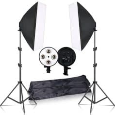 High-quality photography lighting setup with softboxes, LED bulbs, and adjustable stands for professional portraits and product photography. Perfect for photographers and content creators.