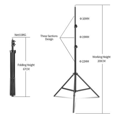 Stable tripod light stand for professional photography, video production, or portrait shoots, featuring adjustable height up to 200cm, lightweight portability, and reliable stability.