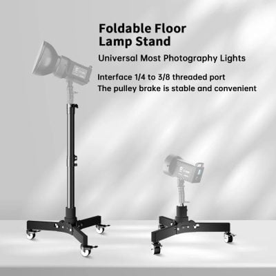 Adjustable photography and photo studio lighting support with universal tripod and pulley brake, ideal for professional photography, and studio lighting setups.