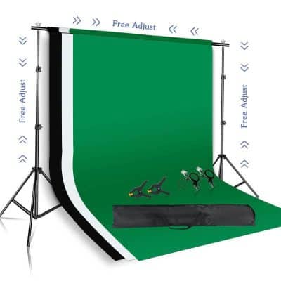 High-quality green screen backdrop for opt photoshoots and virtual consultations, with adjustable support stand and professional lighting accessories for clear, perfect images.