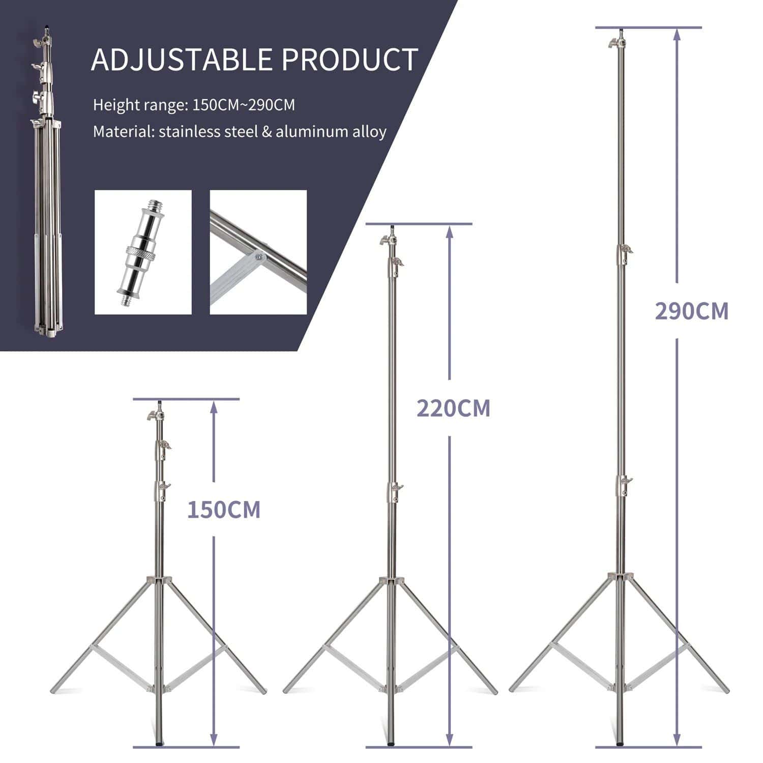 Stainless steel & aluminum alloy photography display holder with height options from 150cm to 290cm, ideal for product showcases, exhibitions, and event displays. Durable and portable.